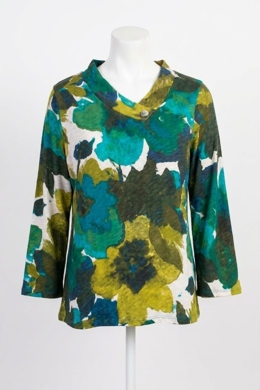 NEW HABITAT floral v-neck cotton pullover in teal
